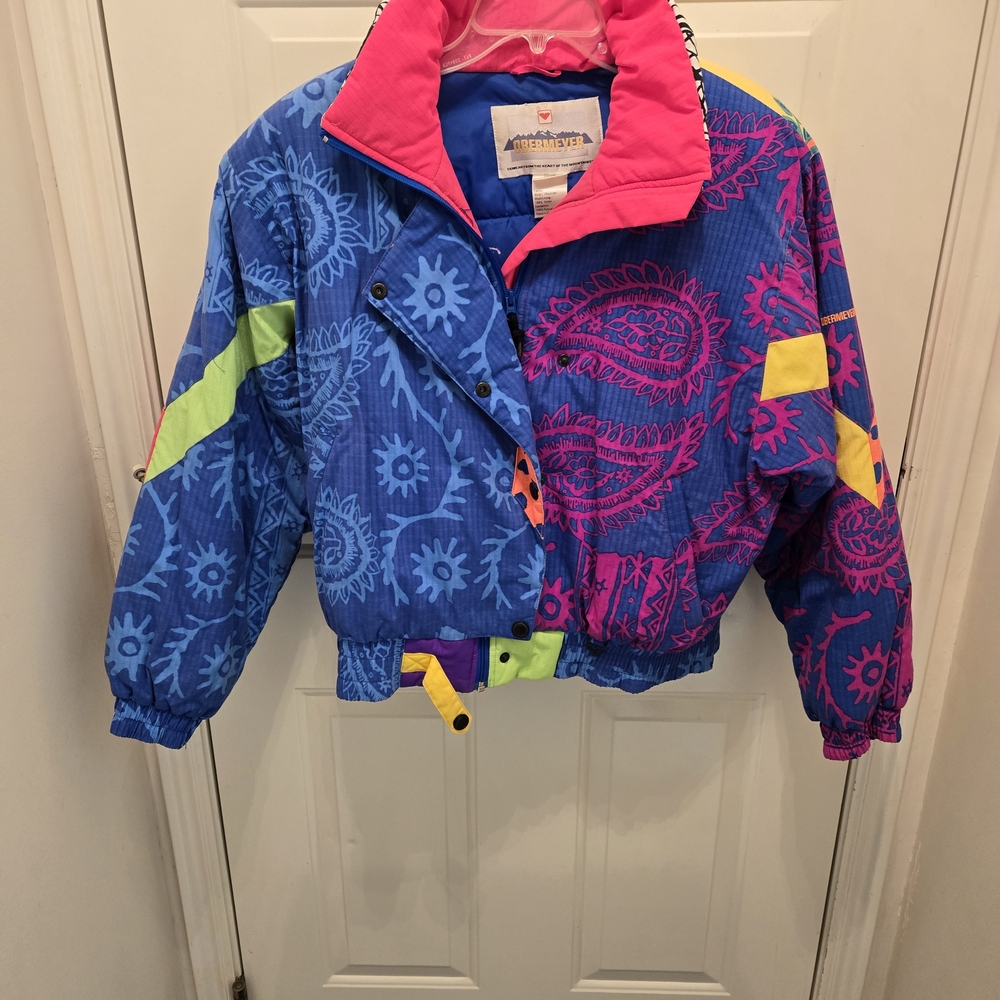 Obermeyer Blue and Pink Ski Jacket with Neon Yellow Accents